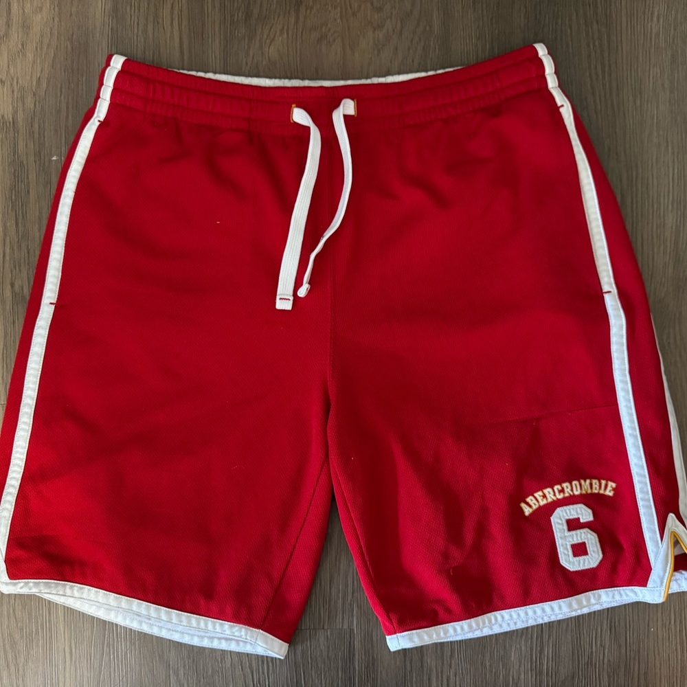 Abercrombie & Fitch Red Athletic Shorts with White Trim and Number Patch